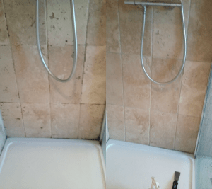 Travertine shower tiles cleaned in Leamington Spa 01926 935289