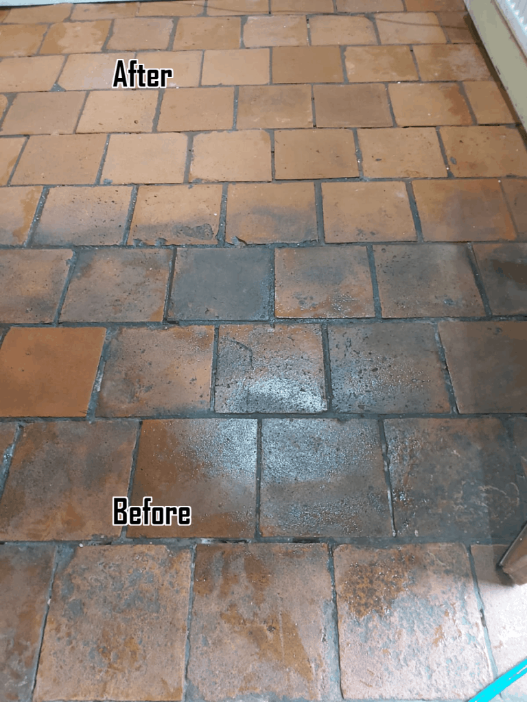 Terracotta stone floor cleaning, re-grouting and sealing in Milverton, Leamington Spa & Warwickshire 01926 935289